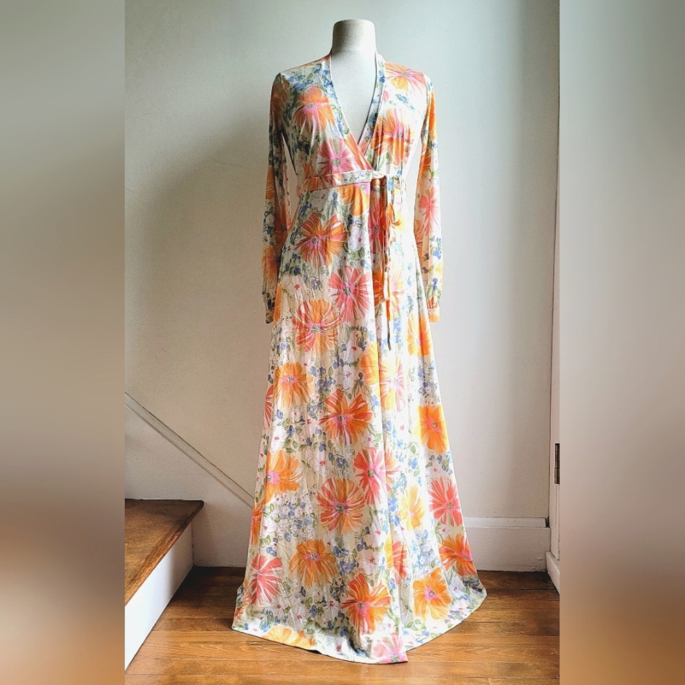 Rare Vtg OLGA Secret Wrap-Up Flower Burst Wrap Robe Small